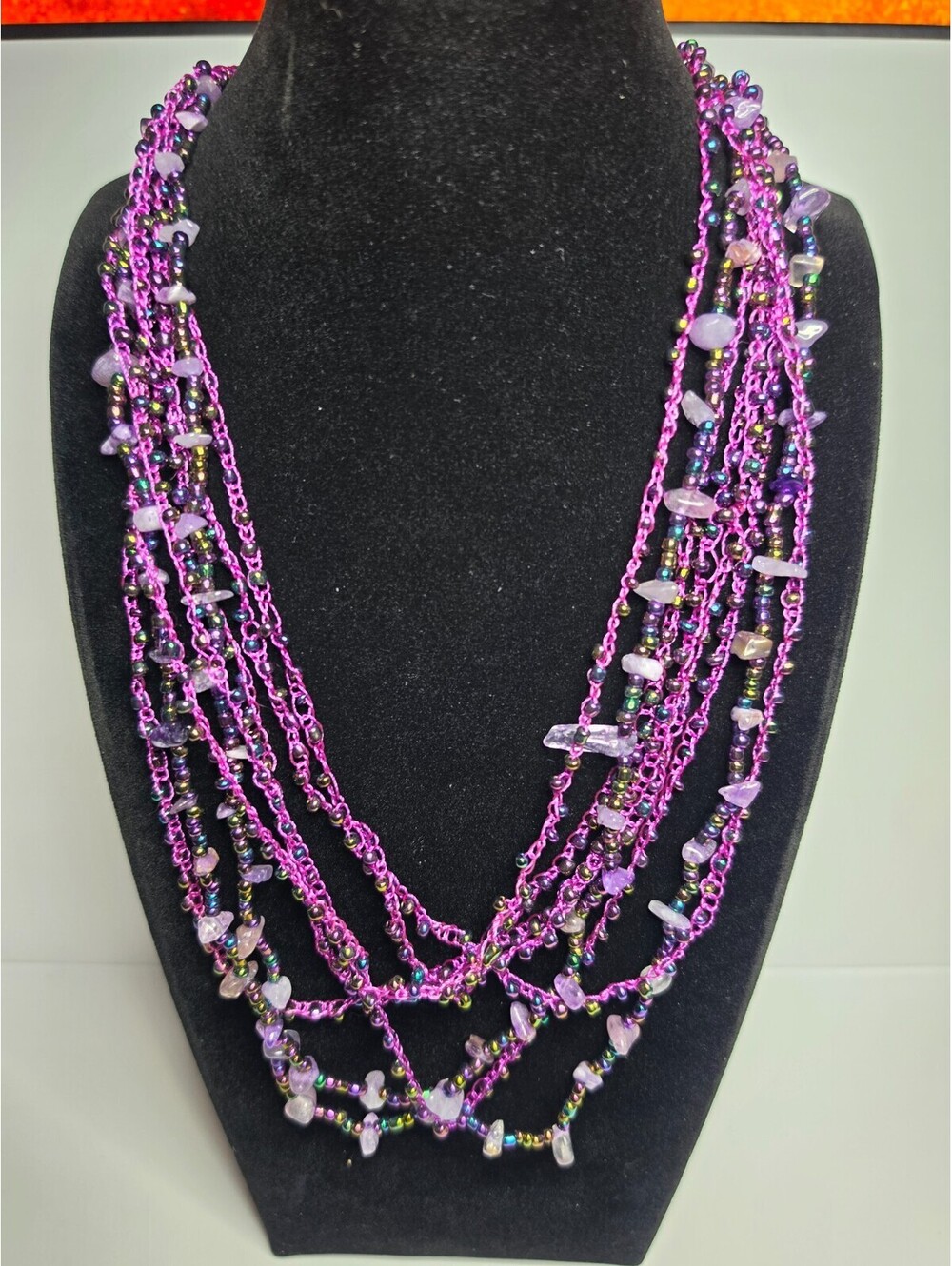 Purple Multi Strand Bead and Stone Statement Necklace 32"